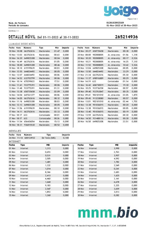 Hiszpania Yoigo Internet rachunek za media w formatach Word i PDF, 3 strony.